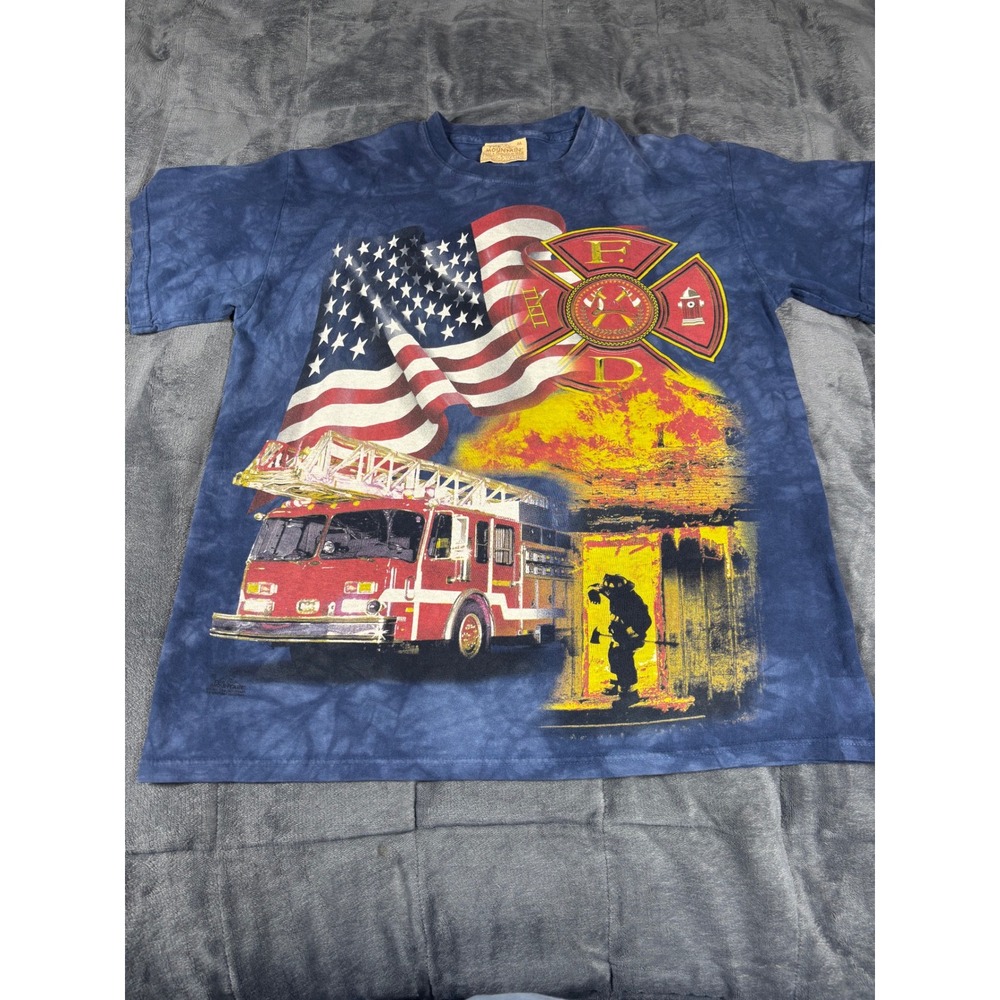 The Mountain Firefighter T Shirt Mens Medium Blue Tie Dye Vintage Fire Truck USA